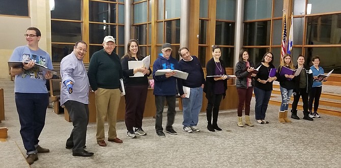 Rehearsing a dance scene (from left): Scott Kaplowitz, Craig Ginsburg, Ed Hutman, Betsy New-Schneider, Andy Zuckerman, Donald Hurwitz, Barbara Weckstein Kaplowitz, Stacy Silberman Garson, Toby Holtzman, Kayla Pitch, Sarah Eisenberg, and Kandy Hutman.