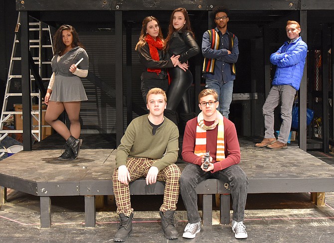 The cast during rehearsal: (Back row, from left) are Bridgette Carey (Mimi), Lauren LeVine (Joanne), Keeley Rogers (Maureen), Breon Atkins (Collins) and Harry Schlatter (Benny); and (in front, from left) are John Henry Stamper (Roger) and Colin Brown (Mark).