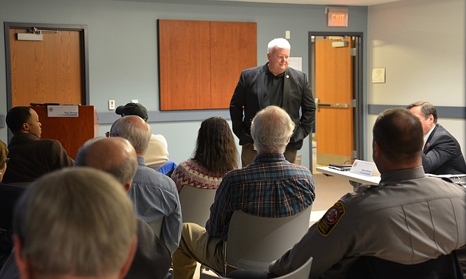 Roy Shrout, deputy coordinator for the Fairfax County Office of Emergency Management and the manager for the proposed Unmanned Aircraft Systems (UAS) program, gave the presentation to the public at the McLean area meeting.