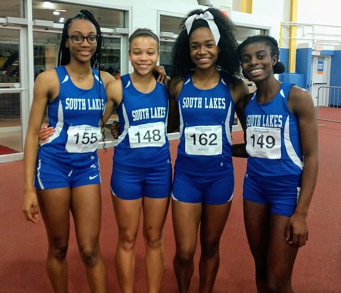 Juviannadean Mullings, Jillian Howard, Hannah Waller, Rhema Konadu sweep 55 meters at Liberty District Championship, Jan. 23, 2019.