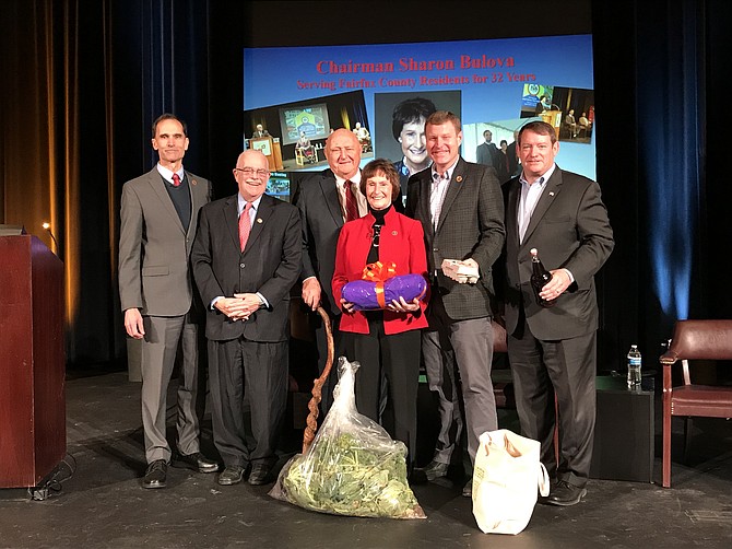 A presentation was made to outgoing Board of Supervisors Chairman Sharon Bulova by Supervisor Dan Storck, with U.S. Rep. Gerry Connolly (D-11), former Mount Vernon District Supervisor Gerry Hyland, Lee District Supervisor Jeff McKay, and Springfield District Supervisor Pat Herrity.