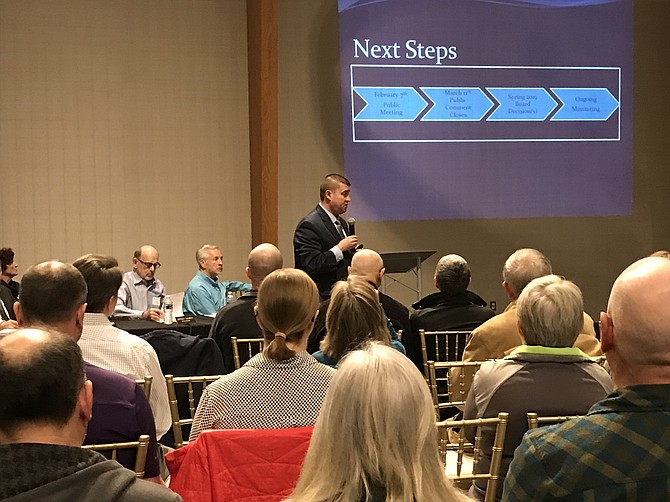 Attendees at the NOVA Parks and Fairfax County Park Authority joint public meeting listen to Presenter Chris Pauley as he describes the proposed changes.