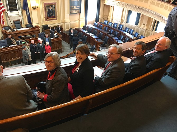 From left: Jeanne Zeidler; Michelle Cottrell-Williams, 2018 Virginia Teacher of the Year and 2019 Commemoration Schools Ambassador; H. Benson Dendy; Paul D. Koonce; and Frank Atkinson.