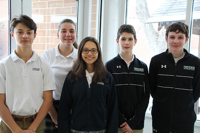 The Woods Academy CyberPatriot 8th Grade Team (from left): Owen Basso, Alice Harper, Sophia Alves, Martin Gaszner, and Will Lankenau.