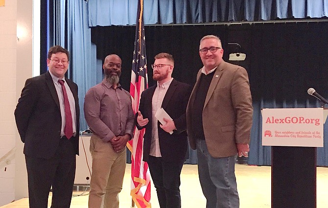 Mike Ginsberg, Suburban Virginia Republican Coalition co-founder; Michael Clinkscale, recent GOP City Council candidate; Colton Worley, Alexandria Area Young Republicans Vice Chairman; and Sean Lenehan, chairman, Alexandria Republican City Committee at the committee’s January meeting.