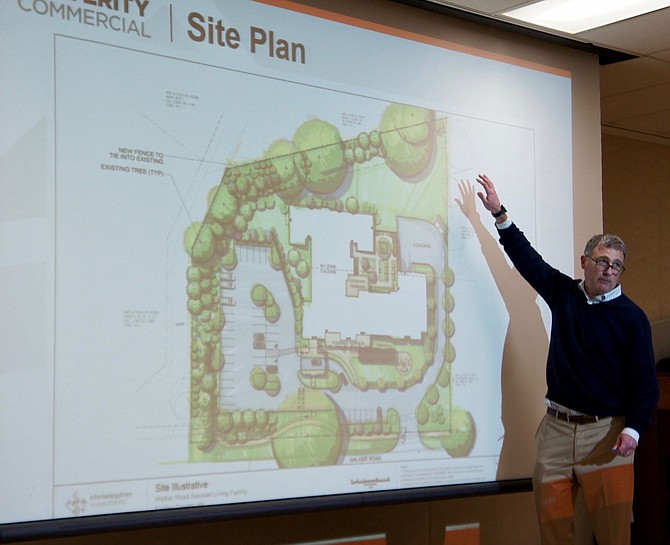 Herman Diebler, principal of development, design and construction firm Verity Commercial of Reston, explains the boundaries and specifics of the proposed Residences at Colvin Run Assisted Living Community that he and partners hope to build on Walker Road in Great Falls.