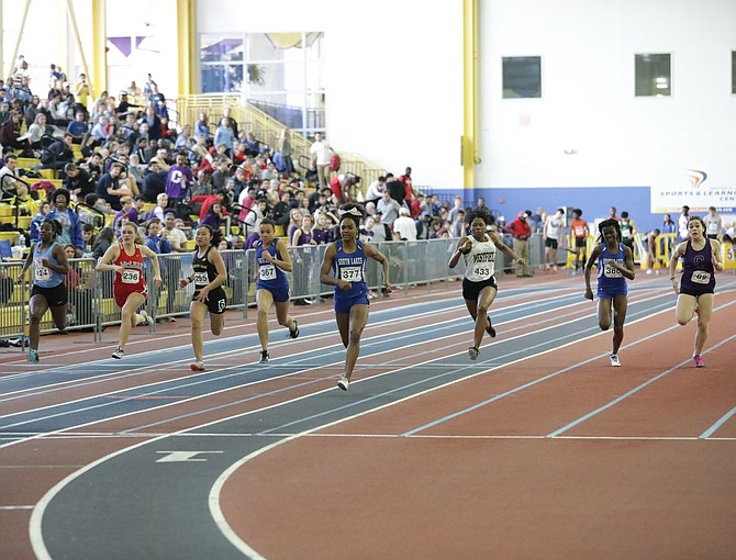 South Lakes High School’s Jill Howard (#367) and Hannah Waller(#377) in a 55 meters race.