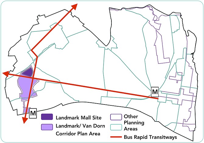 The Landmark Mall redevelopment site, slated for public hearings in April, sits at a strategic crossroads in the city’s plans for transit-oriented development.