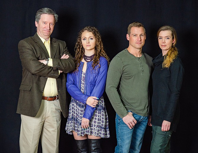 “Time Stands Still” cast in rehearsal. From left:  Todd Hulse, Alex Sands, Greg Lang, and Jane Steffan.