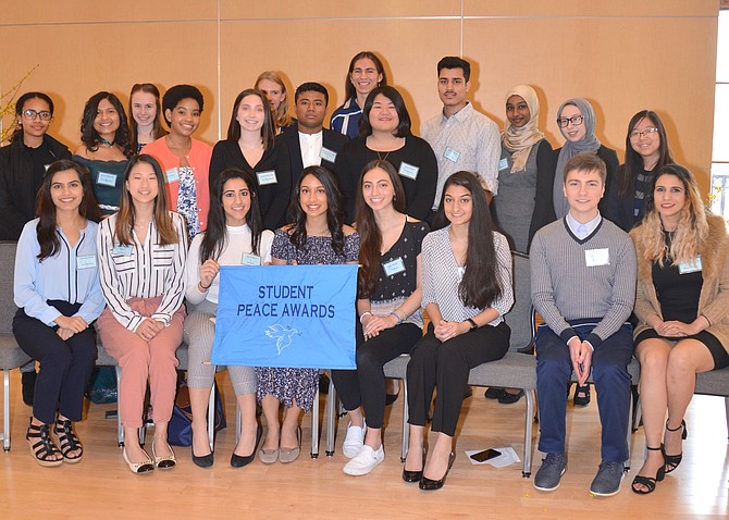 The winners of the 2019 Fairfax Student Peace Awards. The students from all around the county are honored for the work they do to sow the seeds of peace, resolve conflict, and promote understanding among the diverse people of Fairfax County, in their schools and in the community.