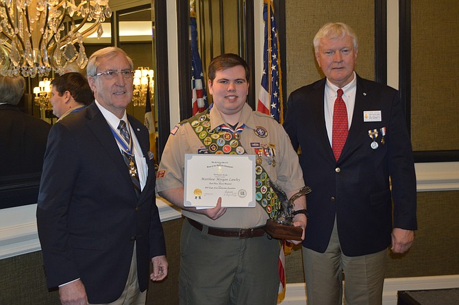 Matthew Lawley, a Herndon High School graduate and current freshman at Northern Virginia Community College was awarded the 2019 Arthur M. and Berdena King Eagle Scout Award by the Virginia Sons of the American Revolution.  Matthew is pictured with Virginia SAR Eagles Scouts Chair on the left, and Bill Denk of McLean, Fairfax Resolves Eagle Scouts Chair.