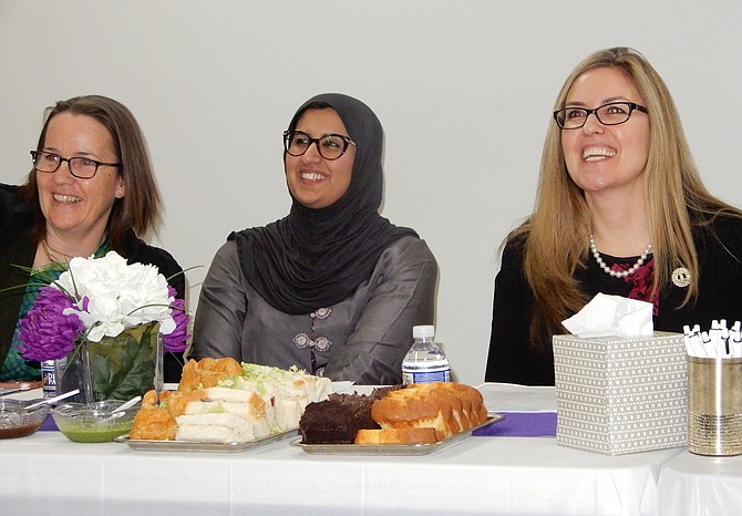 From left: Ananda Vrindavani, Sahar Choudhary and Jennifer Wexton during the question-and-answer session at the end of the program.