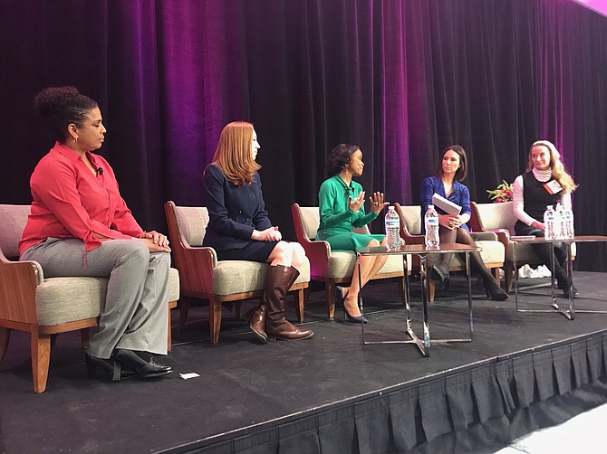 Campagna Center CEO Tammy Mann, center, speaks as part of the panel of the Alexandria Chamber of Commerce Women’s Leadership Forum March 8 at the Westin Alexandria Hotel. Joining Mann are MGM National Harbor President Melonie Johnson; Vice Mayor Elizabeth Bennett-Parker; moderator Heidi Przybyla of NBC News; and RunningBrooke founder and CEO Brooke Sydnor Curran.