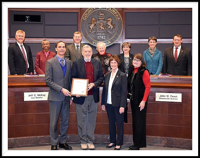 The Board of Supervisors honored Richard Bierce for his more than 30 years of service and dedication to Fairfax County as an Architecture Review Board (ARB) member. As a steward of county history, Bierce's accomplishments are comprehensive, according to Mount Vernon District Supervisor Dan Storck. One of his first ARB duties was to establish, preserve and protect 13 Historic Overlay Districts in the county. He has advocated for the protection and care of historic buildings, including the Laurel Hill Adaptive Reuse site, the Woodlawn and Arcadia partnership, and the Workhouse Arts Center. With almost 50 years as a historical architect and preservation consultant, he has worked on projects throughout Fairfax County, the state and nationwide.