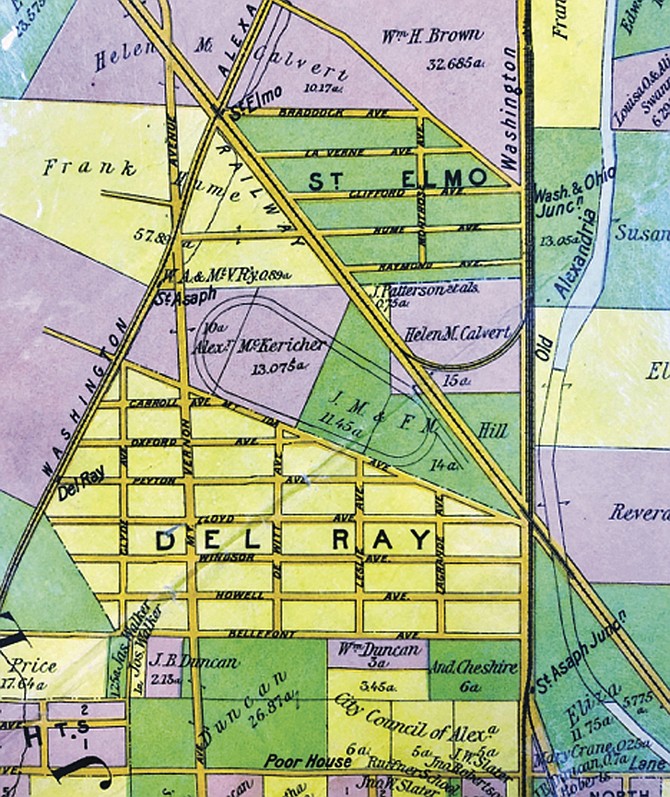 This insurance map from 1900 shows the location of the infamous St. Asaph Racetrack in proximity to the St. Elmo neighborhood and the Del Ray neighborhood.