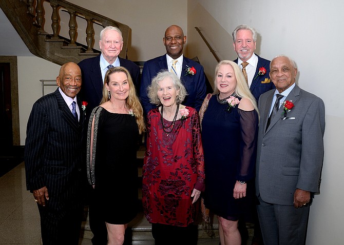 The 2019 Living Legends of Alexandria pose for a photo prior to the start of the Meet the Legends reception March 14 at the George Washington Masonic National Memorial. Shown in front: James Henson, Brooke Sydnor Curran, Jane King, Loren Yates, and Lawrence “Robbie” Robinson. In back: Capt. Eugene “Red” McDaniel, Ronal Butler, and Jason Yates.