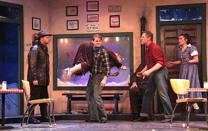 From left: Drew Cannady (Will, the Sheriff), Emily Golden (Cherie), John Paul Odle (Bo), Joel Durgavich (Virgil), and Madeline Byrd (Elma) star in ACCT’s production of “Bus Stop.”