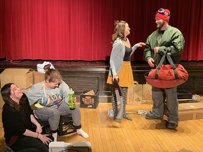 From left, Catherine Gilbert (Clara), Sarah Akers (Emily), Jessie Burns (Rose) and Andrew Farms (Cliff) rehearse “The Value of Moscow,” a new comedy by Reston native and Playwright Amy Dellagiarino.