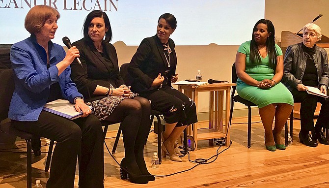 From left: Eleanor LeCain, Stephanie Landrum, Michelle Millben, Del. Charniele Herring (D-46) and Eleanor Smeal speak about their civic activism experiences.