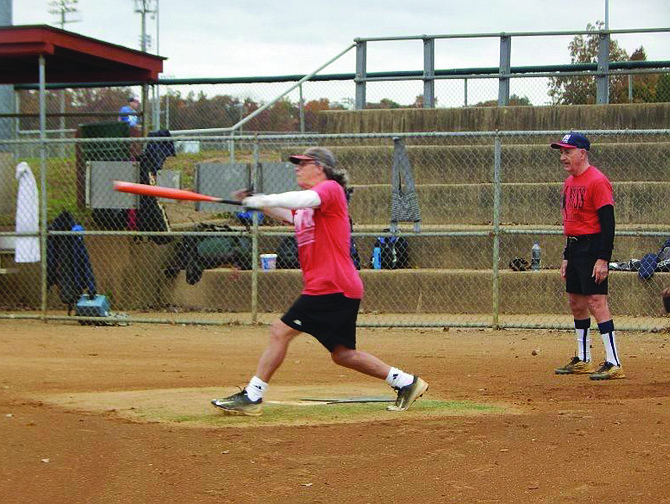 Jesse Christian, 85, smacks a deep fly ball during an NVSS game.