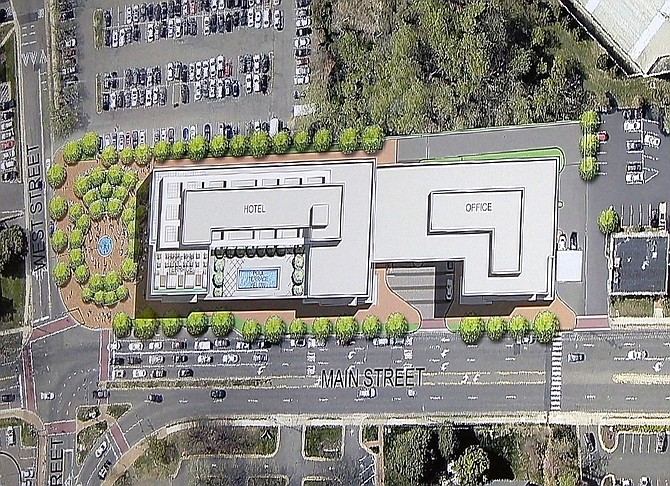Conceptual site plan showing where the hotel and office building would go.