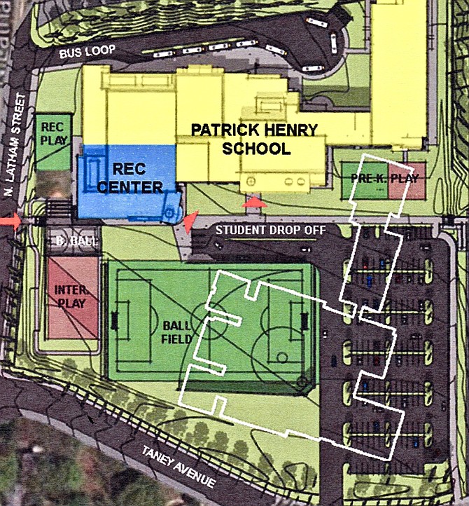 The School Board decided to repurpose the old Patrick Henry building (white outline) as a temporary “swing space,” in order to accelerate the rebuilding of Douglas MacArthur Elementary School. Delaying the old building’s demolition until MacArthur completes will also delay the construction of new athletic fields and parking for the new Patrick Henry School, which opened in January.