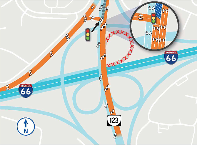 Traffic pattern changes at the I-66/Route 123 interchange beginning on or about April 19, 2019. Drivers traveling north on Route 123 will access I-66 West by turning left at a traffic light and joining the ramp from southbound Route 123 to I-66 West.