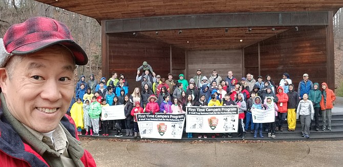 Scoutmaster and Camp Director Gary Pan is all smiles with the gang from the Spring edition of the Wolf Trap First Time Campers Program. The campers had to deal with a bit of rain, but that didn’t keep newbies and veterans alike from enjoying an activity-packed outdoor adventure.
