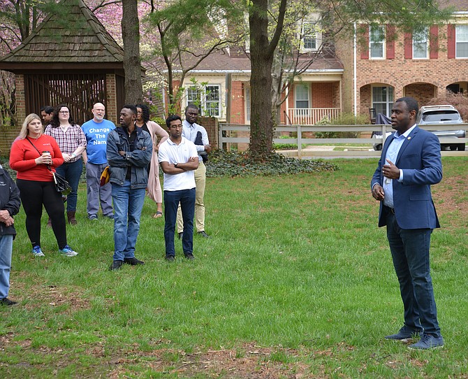 Kofi Annan, president of the Fairfax County NAACP, addresses the group of protestors calling for the resignation of Gov. Ralph Northam. “He needs to step aside. He has done great harm to the Democratic Party and to Virginia. He refuses to acknowledge what he did – we still don’t know the real truth about the photo – but remaining in office only continues the harm and keeps us from healing and moving forward.”