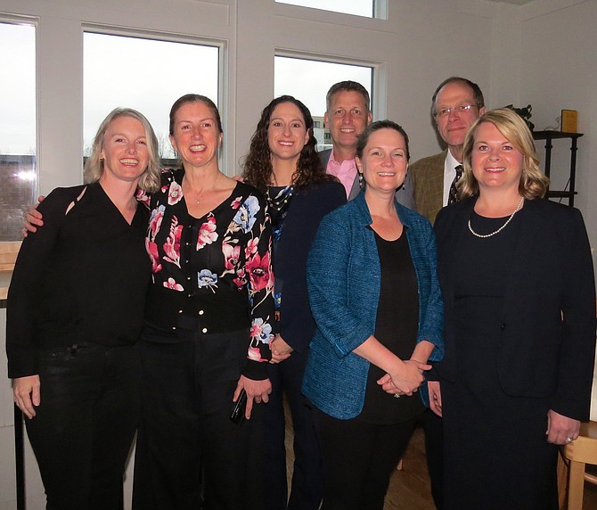 From left: Susan Haley, French teacher at Wakefield; Elisabeth Harrington, supervisor of World Languages, APS; Frances Lee, assistant principal at Wakefield High School who oversees World Languages and HILT and is Wheelock’s direct supervisor; Dr. Chris Wilmore, principal at Wakefield High School; Dr. Tara Nattrass, assistant superintendent of Teaching and Learning; and Superintendent of Schools Dr. Patrick Murphy, with Katy Wheelock.