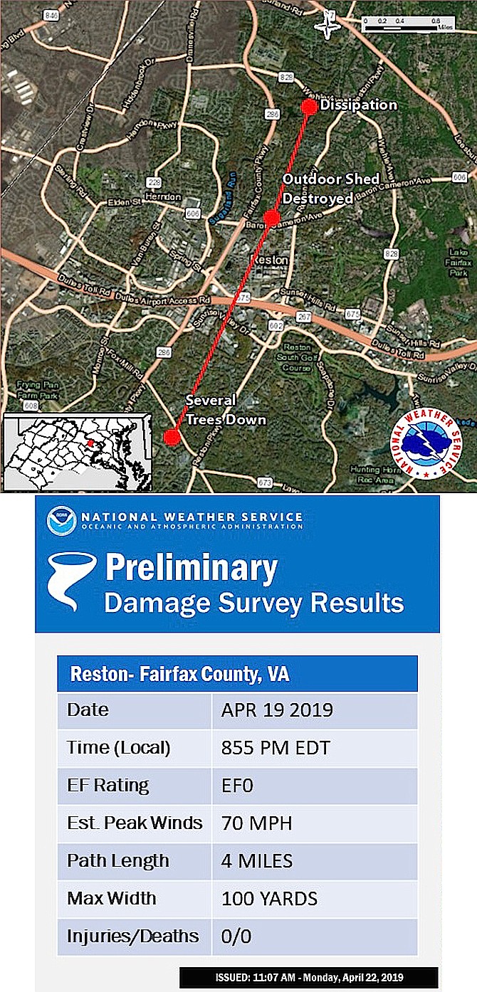 Friday, April 19, Reston twister path and damage survey by the National Weather Service.