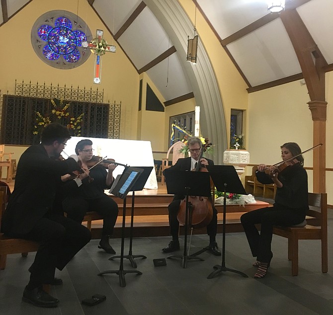 The Ninth Street Quartet is the “quartet about town” and the Quartet-in-Residence of Crescendo, the youth chamber music program of Arlington Philharmonic. The four musicians are award winning performers, whose gift for uninitiated listeners is their ability to teach them how to appreciate the music. They are (from left) Matt RIchardson, Jennifer Wade, Andrew Rammon, and Elizabeth O’Hara Stahr.