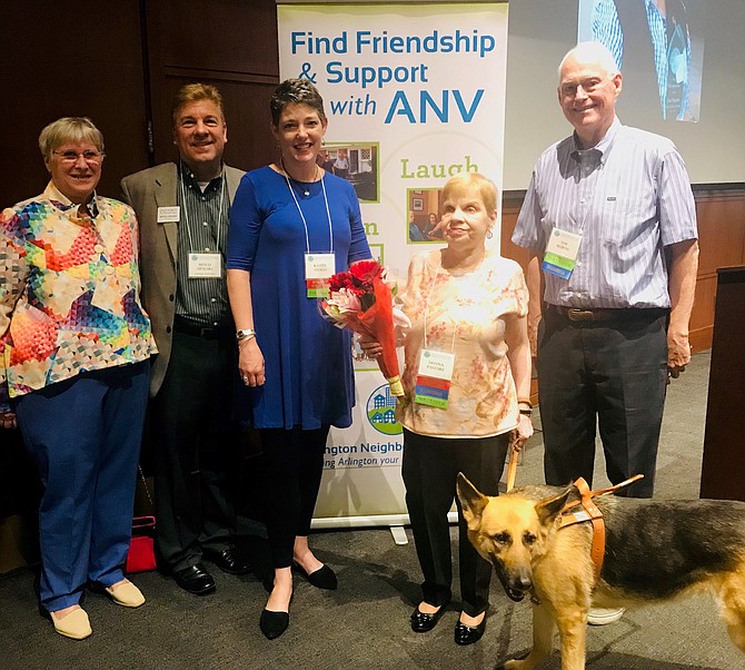 Arlington Neighborhood Villages executive director Wendy Zenker, left, with Synergy Homecare sponsor Mitch Opalski, volunteer Kathy Stokes, ANV president Donna Pastore and ANV board member Tim Burns gather at the ANV five-year anniversary and volunteer recognition celebration May 3 at the National Rural Electric Cooperative Association.
