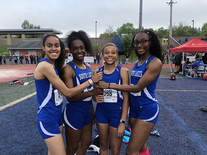 Mary Gregory, Hannah Waller, Jillian Howard and Juviannadean Mullings broke South Lakes High School's record in 4x100 at Liberty District Jamboree May 1.