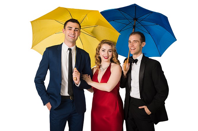 Wood Van Meter, Morgan Kelleher and Robert Mintz in "Singin' in the Rain" at NextStop Theatre.