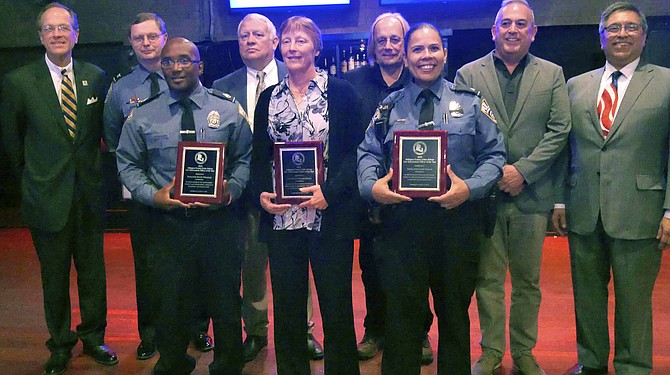 At the Arlington County Crime Solvers 2019 law enforcement awards luncheon: Back row from left, Dr. Patrick K. Murphy, superintendent of ACPS; ACPD Police Chief Jay Farr; Andres Tobar, Charles Meng, John Murphy, and Michael Garcia, ACCS board members. Front row from left: ACCS award recipients School Resource Officer (SRO) Detective Kevin Treakle, former SRO Supervisor Lieutenant Susan Noack, and SRO Detective Jackie Pagan.