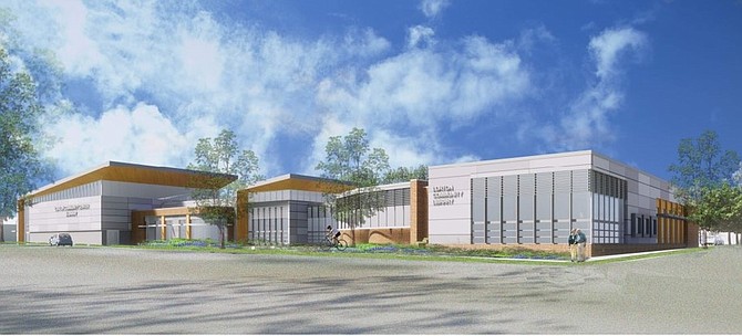 A rendering of the community center and library from Route 1.