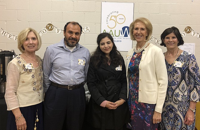 Hana Abouelenein, a sophomore at Langley High School, was presented with the AAUW McLean Area Branch 2019 STEM Excellence Award at its 50th Anniversary Dinner on May 11. Shown, from left, are Myrtle Hendricks-Corrales, Branch Co-President; Mohamed Abouelenein, Hana's father; Hana Abouelenein; Judy Page, Branch STEM Chair; and Betsy Schroeder, Branch Co-President.