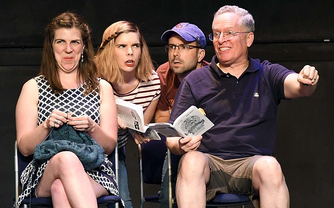 Providence Players “Leaving Iowa” in rehearsal, from left: Amy Griffin as Mom, Lindsey June as Sis, Bobby Welsh as Don and Michael Bagwell as Dad.