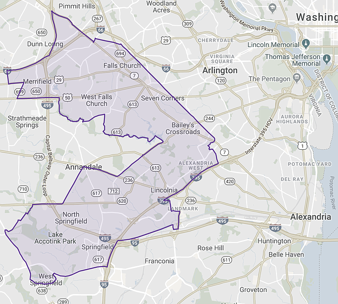 The 35th Senate District stretches from Springfield into West End of Alexandria through Bailey’s Crossroads and Seven Corners into Falls Church and Merrifield. It’s one of the bluest Senate districts in Virginia.