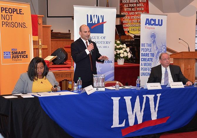 The Democratic candidates for Commonwealth’s Attorney engage in one final debate before the primaries on June 11. Challenger Steve Descano is at the microphone while incumbent Ray Morrogh awaits his turn to answer a question posed by moderator Sakira Cook.