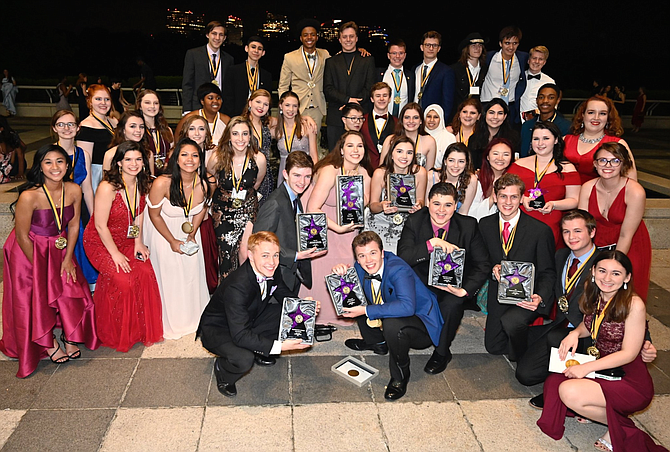 Westfield High’s cast, crew and Director Rachel Harrington (right side, third from top) after winning eight Cappies for their musical, “Rock of Ages.”