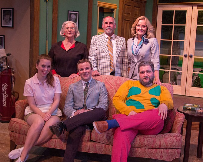 The full cast of “A Fox on the Fairway” (seated from left): Raeanna Larson as Louise Heidbedder, Cameron McBride as Justin Hicks and Brendan Chaney as Dickie Bell. Standing from left: Lorraine Bouchard as Muriel Bingham, Ken Kemp as Henry Bingham and Patricia Nicklin as Pamela Peabody.