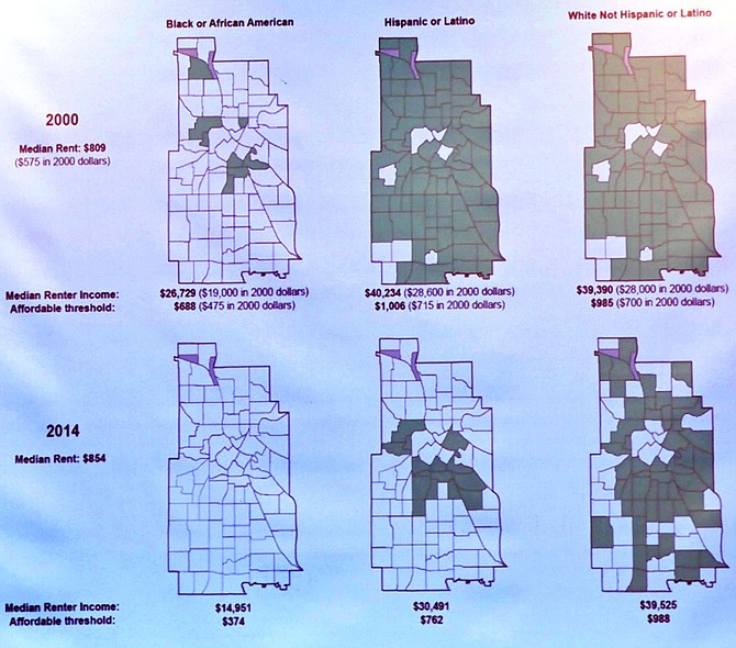 The 10-year map comparison shows shrinking housing options for people of color.