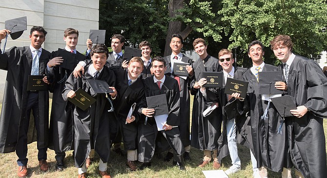 Outside DAR Constitution Hall on June 6, ecstatic new graduates: Lawson Carver, Ethan Askarinam, Dylan Spicer, Ethan Kohan, Farland Lee, Frank Malmgren, Nima Padash, Bennett Werbel, Lucas Picone, Arthur Varner, Raphael Metz, and Christopher Atkinson.