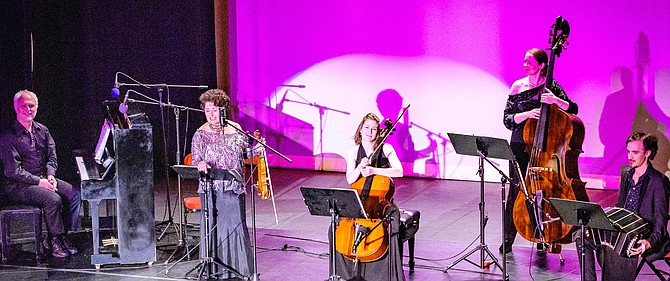 From left: QuinTango, Phil Hosford (piano), Joan Singer (violin), Susanna Mendlow (cello), Ali Cook (bass), Emmanuel Trifilio (bandoneon).