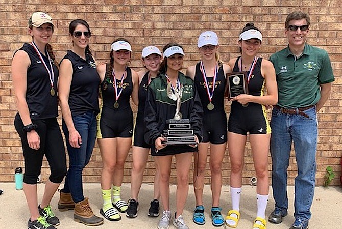 The winning women’s four boat: Coach Lauren Evans, coach Julie Sutliff, Jenna Ashtar, Sydney Weinstein, Lilliana Fedewa, Lily Fowler, Olivia Elkas,  Coach Kevin Bedell.