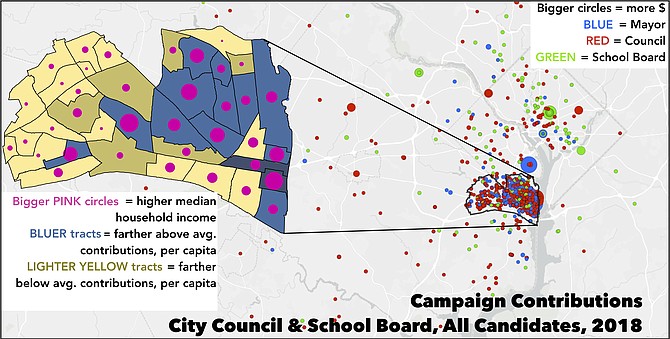 Campaign Finance: Between 2017 and 2018, individuals and organizations outside of Alexandria supplied 41 percent of campaign contributions to City Council and School Board candidates. That’s including “direct” monetary contributions and “in kind” contributions of products or services (e.g., a restaurant donates food to a campaign event), but excluding candidate self-financing and loans. Of 19 single contributions to any Council or School Board candidate of $5,000 or more, only eight came from within Alexandria. Though not pictured here, state politics showcases the influence of outside money even more. The five sitting state delegates and senators whose districts overlap Alexandria received anywhere between 54-98 percent of campaign contributions from outside their districts, and 13-22 percent from outside Virginia. That’s in aggregate since 2012 (or since the first year the candidate ran, if after 2012), excluding small cash contributions, for which campaign finance reports don’t record addresses. For 2018 local races, higher giving corresponded somewhat with higher income and homeownership, though not without exception. Sources: Virginia Department of Elections, Esri, City of Alexandria, file format conversions via conversiontools.io in accordance with terms of use.