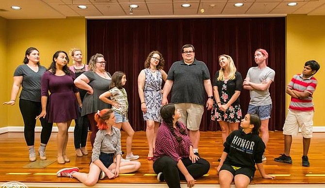 From left, the jungle animals in “Seussical”, including the Sour Kangaroo, Mayzie LaBird, the Wickersham Brothers and the Bird Girls, are all struck by Horton the Elephant's belief in the small planet of Who.