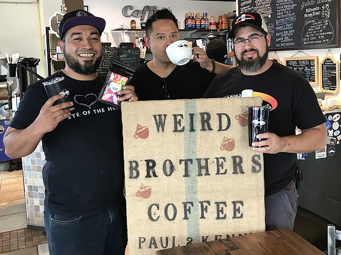 Stephen Vides-Sanchez, Founder of EOTH, LLC; Dave Morgan, Founder and Executive Director, RecycleLife; and Paul Olsen, owner of Weird Brothers Coffee in Herndon, get ready to share a cup of joe to support Coffee for Dollars benefitting RecycleLife.org.